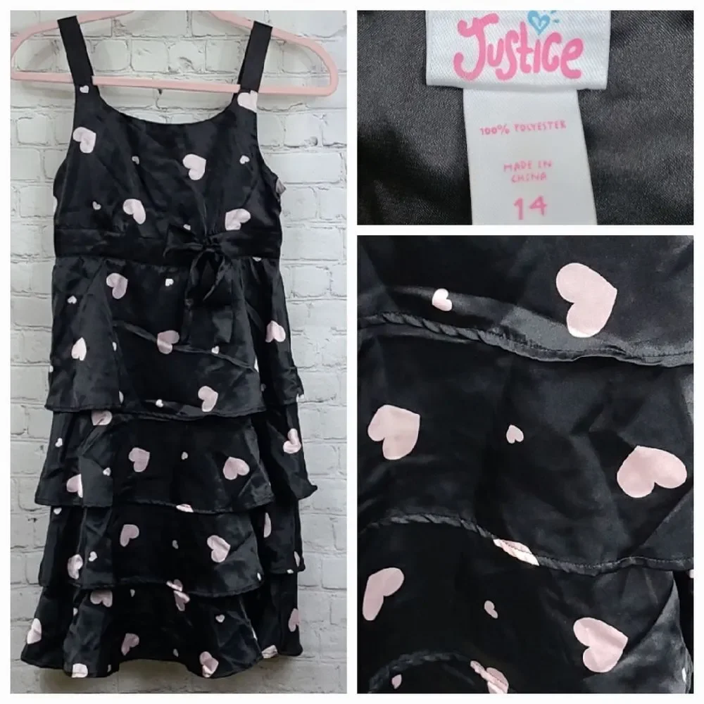 Justice Girls Heart Print Tiered Party Dress Black Pink Fit & Flare 14 Occasion